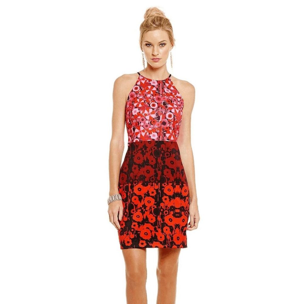 Belle BADGLEY MISCHKA Dress Sz 8 Red Pink Print Halter Dress‎ Bodycon Old Money